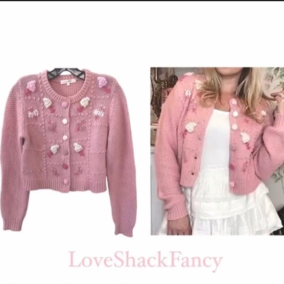 LoveShackFancy Sweaters - LoveShackFancy Sweater pink knit floral 3-D wool blend cardigan Med Barbiecore